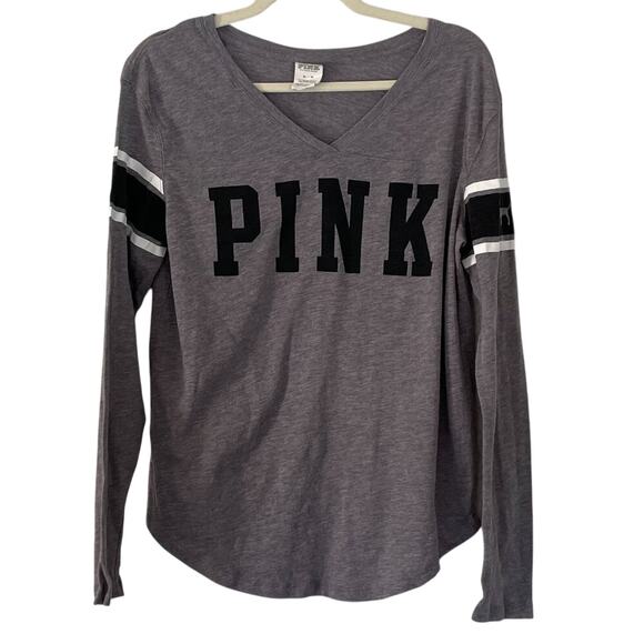 PINK Victoria's Secret Gray Varsity Stripe Logo Long Sleeve V-Neck T-Shirt, M - Picture 1 of 9